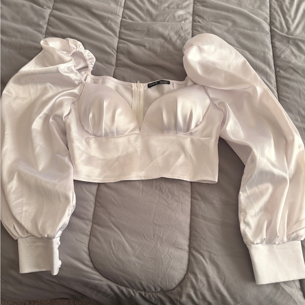 SHEIN White Satin Puff Sleeve Crop Top